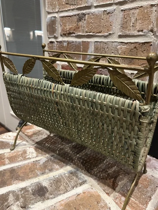 Vintage Wicker Magazine Rack with Brass Leaf Accents - Green - Picture 2 of 10